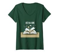 Lost in a Book: Magica Opera d'Arte di Lettura e Avventura Maglietta con Collo a V, Donna, Verde Foresta, L