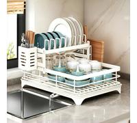 LOSTTYPE scolapiatti a 2 livelli, scolapiatti con scolapiatti con scolapiatti, supporto per scolapiatti da cucina, supporto per lavello in acciaio inox con utensili e tagliere, bianco