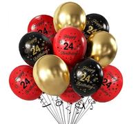 Lot de 12 palloncini con coriandoli in lattice per il 24° anniversario - Rosso, nero e dorato - Per uomo e donna - Decorazione per compleanno