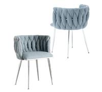 Lot de 2 chaises de Salle à Manger modernes capitonnées avec Cadre en Métal Argenté, dossier tissé élégant de Couleur Bleue, idéales pour la Cuisine, la Salle à Manger, Le Salon