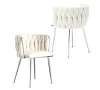 Lot de 2 chaises de Salle à Manger modernes capitonnées avec Cadre en Métal Argenté et dossier tissé élégant pour Cuisine, Salle à Manger, Salon, Blanc