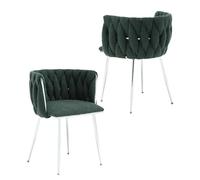 Lot de 2 chaises de Salle à Manger modernes capitonnées avec dossier tissé élégant et Cadre en Métal Argenté, idéales pour la Cuisine, la Salle à Manger, Le Salon, Vert émeraude