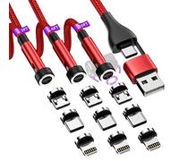 Lot de 3 câbles de charge magnétiques à rotation 540° [0,9 m/1,8 m/3 m], câble de chargeur de téléphone magnétique 5 en 1, prise en charge du transfert de données pour iPhone/micro USB/type C - Rouge