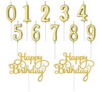 Lotbun Candeline di compleanno in confezione da 12, Numeri da 0 a 9 + Decorazione con scritte di buon compleanno in 2 pezzi, Candeline di compleanno numerate,Candele di compleanno speciali (oro)
