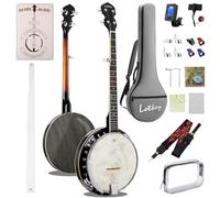 Lotkey Banjo a 5 corde da 96,7 cm, con testa per batteria Remo, risonatore e doppio stile aperto con manuale per principianti, corde per banjo, ponte, accordatore, plettri per dita, cinghia per adulti