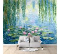 Loto Dipinto Ad Olio, Salice Piangente Carta da parati murale, murales decorativi in tessuto non tessuto, Verde, Rosa Carta da parati fotografica Decorazione murale per la casa 350 x 256 cm