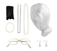 Lotsdonxia Set di 7 costumi da vecchia signora, grigio, parrucca della nonna, occhiali, collana per Halloween e cosplay