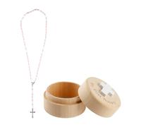 Lotsdonxia Set regalo per battesimo - Rosario commemorativo realizzato a mano in legno di faggio con collana di perle di vetro, souvenir per battesimo e prima comunione (ragazze)