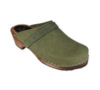 Lotta From Stockholm Zoccoli Classici Svedesi da Donna I Muli Artigianali in Pelle Nubuck Oliata su Base Marrone di Legno I Verde Taglia 38
