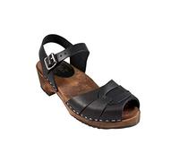 Lotta From Stockholm Zoccoli svedesi con tacco basso I Zoccoli a bassa peep toe con base in legno marrone smerlato e tomaia in vera pelle nera, Nero , 38 EU