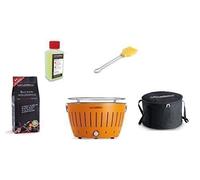LotusGrill Starter Set 1 x arancio mandarino con connettore USB, 1 x carbone di faggio da 1 kg, 1 x pasta combustibile da 200 ml, 1 x pennello per marinatura giallo mais, 1 x borsa per il trasporto.