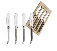 Lou Laguiole Tradition Set 4 Coltelli Spalmatori Inox, Colori Misti | Scatola regalo in legno con 4 sparringhe, acciaio inox 18/0, finitura lucida, colori variegati