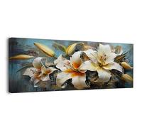 LOUBAK TRADING Stampa su tela moderna 90x40 cm - Fiore bianco dipinto decorazione su sfondo blu | Immagine estetica soggiorno camera da letto casa | Tulipano - Verde - Natura