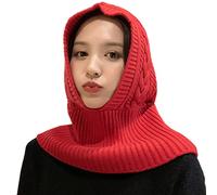 LoudSung - Cappello e sciarpa in un pezzo, pullover con cappuccio, lavorato a maglia, con scaldacollo, cerchio invernale, berretto ispessito per donne, Rosso, M