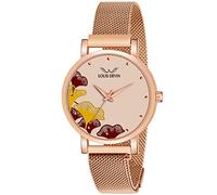 LOUIS DEVIN Orologio da polso analogico da donna con catena a maglia placcata in oro rosa (quadrante nero/blu/oro rosa) | RG162, oro rosa, Cinturino