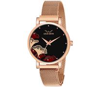 LOUIS DEVIN Orologio da polso analogico da donna con catena a maglia placcata in oro rosa (quadrante nero/blu/oro rosa) | RG162, nero, Cinturino