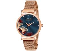 LOUIS DEVIN Orologio da polso analogico da donna con catena a maglia placcata in oro rosa (quadrante nero/blu/oro rosa) | RG162, marrone chiaro::blu, Cinturino