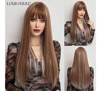 LOUIS FERRE Chocolate Brown con capelli sintetici biondi Highlight parrucche naturali diritte lunghe con frangia parrucca in fibra Cosplay da donna WL1010-1