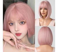 LOUIS FERRE parrucca sintetica rosa dritta per le donne parrucca corta Bob con frangia capelli naturali Lolita Cosplay moda resistente al calore