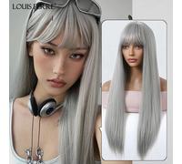 LOUIS FERRE parrucche sintetiche lunghe dritte per le donne parrucche naturali grigio argento con frangia Cosplay parrucca finta resistente al calore di Halloween