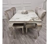 Louis - Set di tavolo da pranzo cromato di lusso, elegante marmo sinterizzato in pietra o piano in vetro (1,5 m Pandore) - mobili moderni per sala da pranzo per interni di lusso