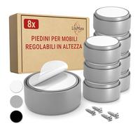 LouMaxx Piedini per Mobili Adesivi Regolabili Ø 53,5 mm - Piedini Mobili Grigi Altezza Regolabile - Rialzi per Mobili con Materiale di Montaggio - Set da 8