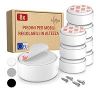 LouMaxx Piedini per Mobili Adesivi Regolabili in altezza Ø 55,5 mm - Piedini Mobili Bianchi Altezza Regolabile - Rialzi per Mobili con Materiale di Montaggio - Set da 8