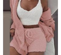 Lounge in Style - Pigiama da donna in peluche, set da 3 pezzi, con una canotta comoda e pantaloncini coordinati (L rosa scuro)