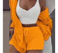 Lounge in Style - Pigiama da donna in peluche, set da 3 pezzi, include una canotta comoda e pantaloncini coordinati (L arancione)