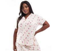 Loungeable Curve - Pigiama in jersey morbidissimo con stampa di ciliegie e cuori con profili composto da top con rever e pantaloncini-Multicolore 44