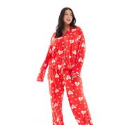 Loungeable Curve - Pigiama in jersey morbidissimo rosso con stampa di occhi e stelle composto da maglia con rever e pantaloni a fondo ampio 46