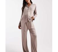 Loungeable Maternity - Pigiama color visone in jersey morbidissimo con profili composto da top con rever e pantaloni a fondo ampio-Neutro 42