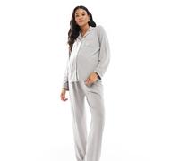 Loungeable Maternity - Pigiama grigio mélange in jersey morbidissimo con profili composto da top con rever e pantaloni a fondo ampio 46