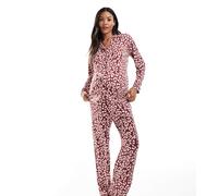 Loungeable Maternity - Pigiama morbidissimo in jersey rosso con stampa leopardata, profili a contrasto e rever 46