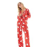 Loungeable Petite - Pigiama natalizio in jersey morbidissimo rosso con stampa di Babbo Natale composto da pantaloni a fondo ampio e top con rever 48