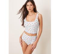 Loungeable - Pigiama blu in piqué con stampa di frutta composto da canotta e pantaloncini-Multicolore 40