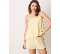 Loungeable - Pigiama in cotone stropicciato giallo limone composto da pantaloncini e canottiera con spalline annodate 42
