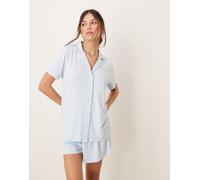 Loungeable - Pigiama in jersey color azzurro chiaro con camicia a maniche corte e pantaloncini-Blu 40
