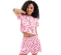 Loungeable - Pigiama in jersey rosa con stampa di cuori con T-shirt e pantaloncini 40