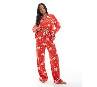 Loungeable - Pigiama in jersey super morbido con top con rever e pantaloni con fondo ampio rosso con stampa di stelle e occhi 44