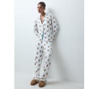 Loungeable pigiama natalizio con camicia abbottonata con rever e pantaloni, con stampa orsetto di Babbo Natale-Bianco 50