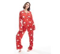 Loungeable - Pigiama natalizio in jersey super morbido con top con rever, pantaloni con fondo ampio e stampa di Babbo Natale-Rosso 44