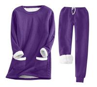 Loungewear - Set da donna in pile con imbottitura in peluche, a maniche lunghe, 2 pezzi, per la casa, in velluto, per il tempo libero, in due pezzi, Lilla, XL