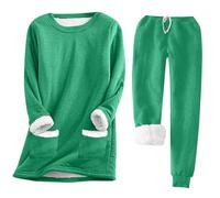 Loungewear - Set da donna in pile con imbottitura in peluche, a maniche lunghe, 2 pezzi, per la casa, in velluto, per il tempo libero, in due pezzi, verde, XXXL