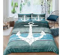 Loussiesd Anchor - Set copripiumino a tema nautico, stile vintage, con listoni di legno, stile rustico, morbido e lussuoso, 3 pezzi, per letto matrimoniale, cerniera, colore: verde acqua, blu
