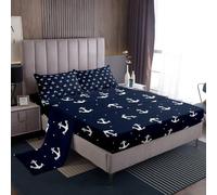 Loussiesd Anchor - Set di lenzuola con angoli per letto matrimoniale, con tasca profonda, per ragazzi e ragazze, 1 lenzuolo con angoli + 1 lenzuolo piano + 2 federe