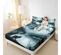 Loussiesd Black Wolf - Lenzuolo con angoli, per letto singolo | Set di lenzuola per bambini, ragazzi e ragazze, motivo: lupo, montagna, luna, lupo, con tasca profonda 40,6 cm
