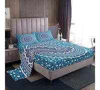 Loussiesd Boho Mandala lenzuolo Set di lenzuola in stile bohemien set king size per ragazze donne hippie mandala biancheria da letto setativo floreale esotica lenzuola blu bianco