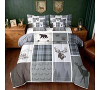 Loussiesd Cabina Rustica Cervo Piumino Letto Con Lenzuola 7 Pezzi 264X229cm Bambini Caccia Agriturismo Per Ragazzi Ragazze Adolescenti Animali Selvatici Letto Trapuntato Blu Chiaro Morbido