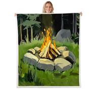 Loussiesd Campfire Coperta Sherpa da campeggio per ragazzi e ragazze a tema foresta boschiva coperta matrimoniale 152 x 200 cm decorazione per camera da letto in campagna verde giallo